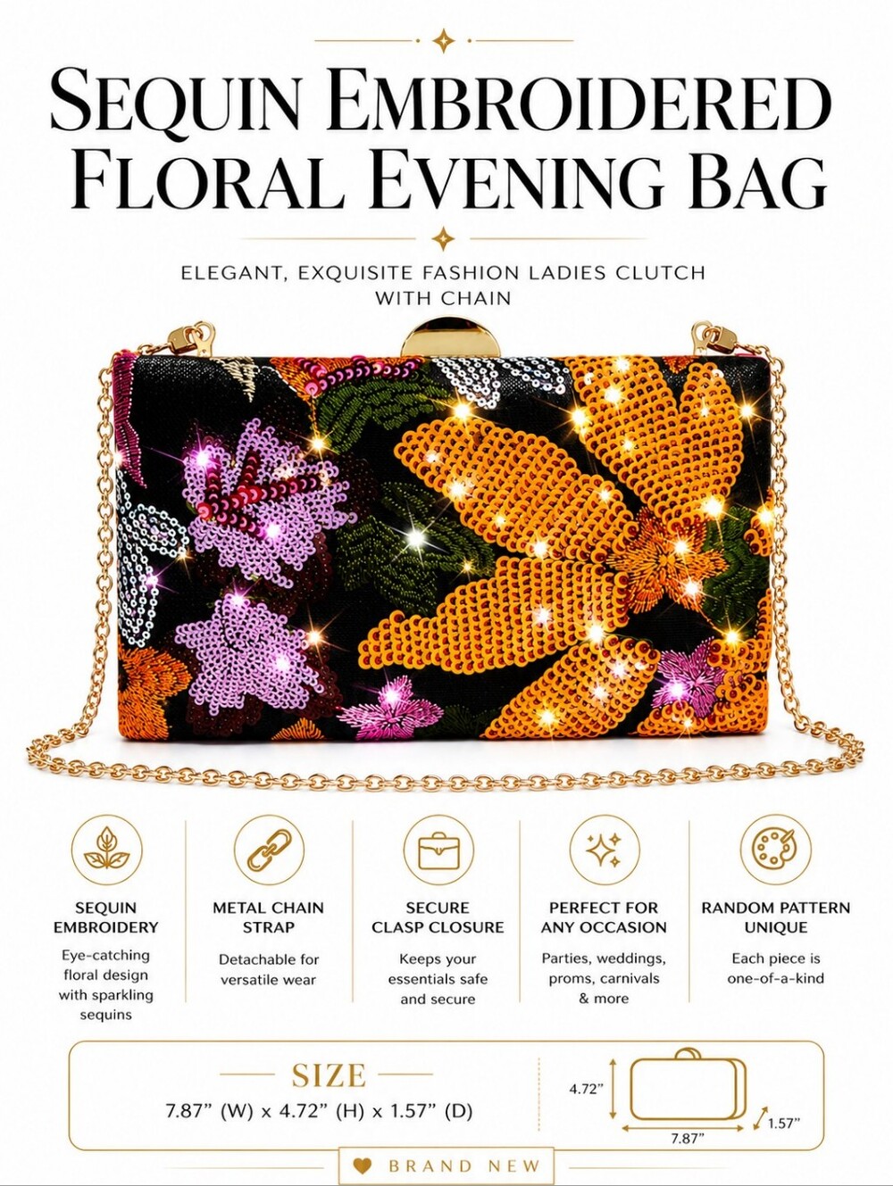 Sequin Embroidered Floral Evening Clutch Crossbody Bag